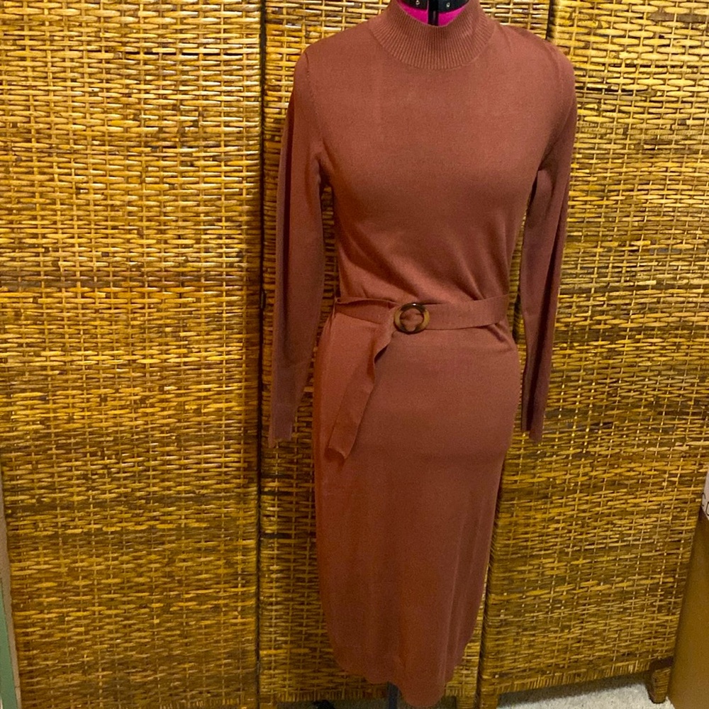 NWOT LASCANA brown mock tortoise shell belt buckle, long sleeve sweater dress 8